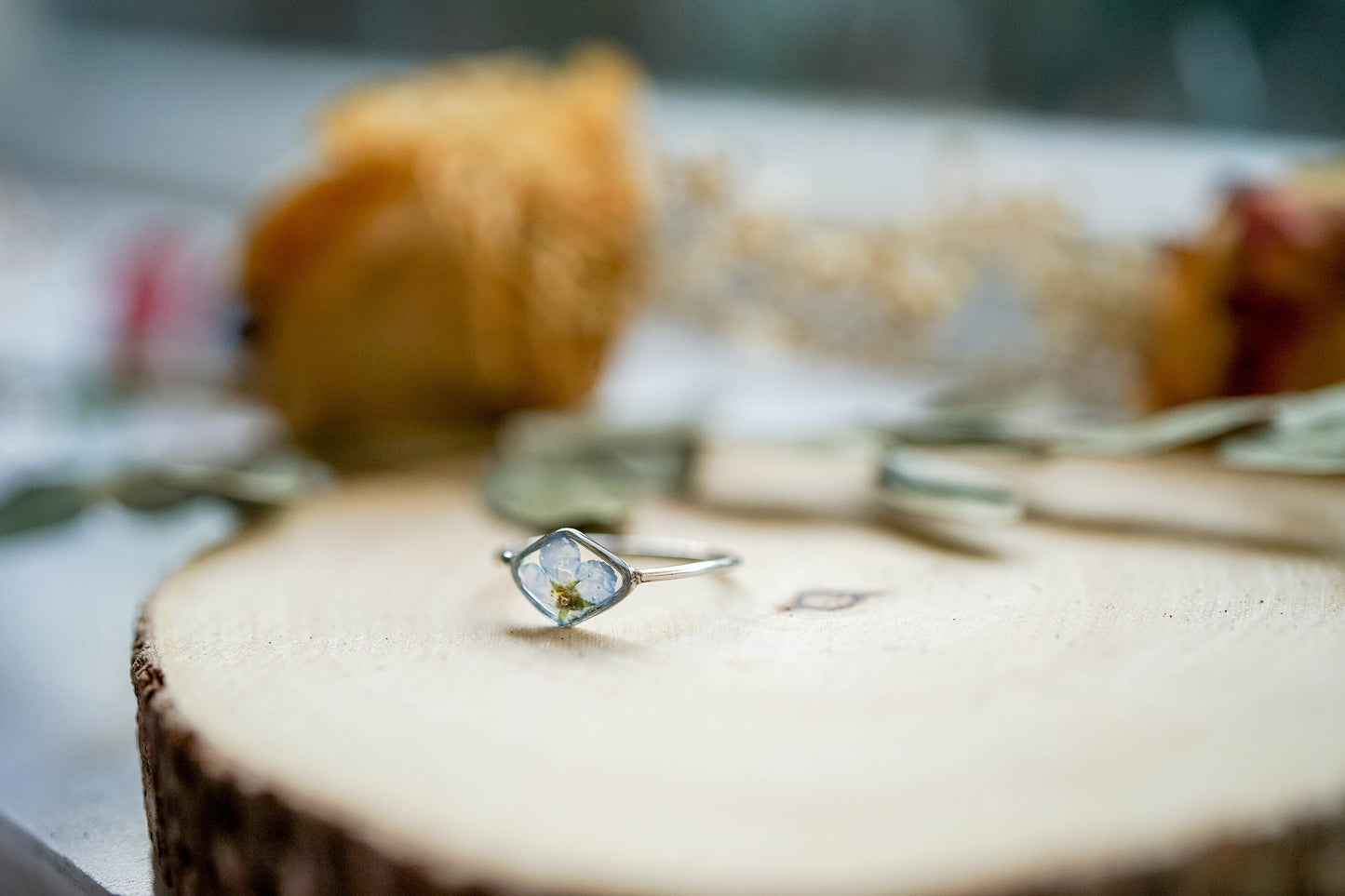Real Pressed Flower and Resin Ring, Diamond Silver Band with Forget Me Not
