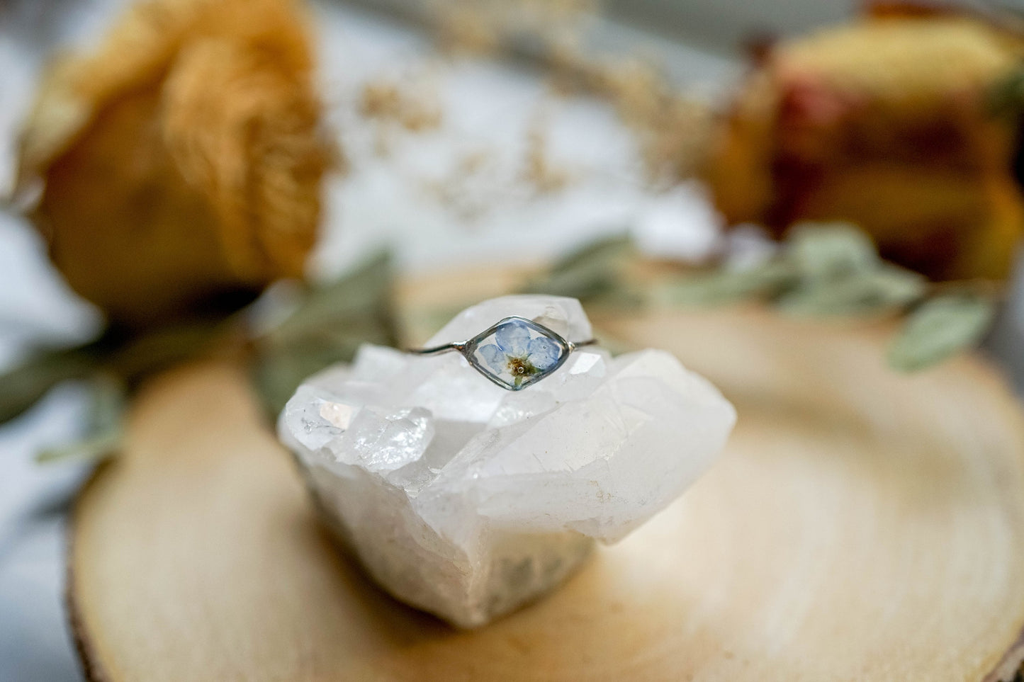 Real Pressed Flower and Resin Ring, Diamond Silver Band with Forget Me Not