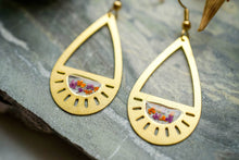 Real Pressed Flower Earrings, Gold Drops with Orange and Purple Flowers