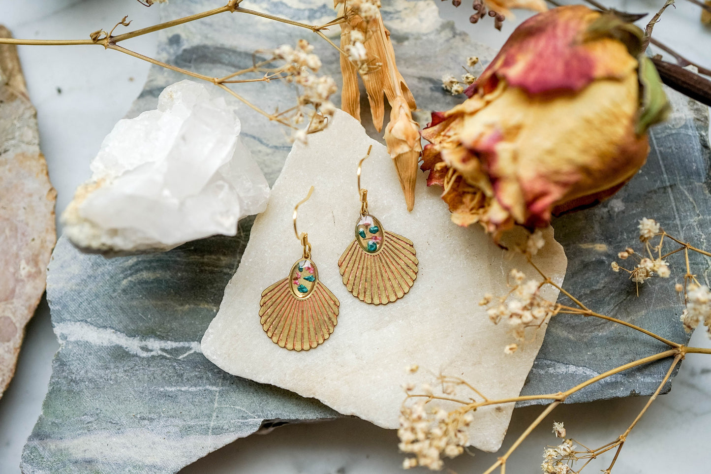 Real Pressed Flowers Earrings, Gold Fan Drop Earrings