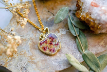 Real Pressed Flowers in Resin Necklace, Gold Apple Necklace with Pink and White Heather Flowers, Teacher jewelry, Teacher necklace