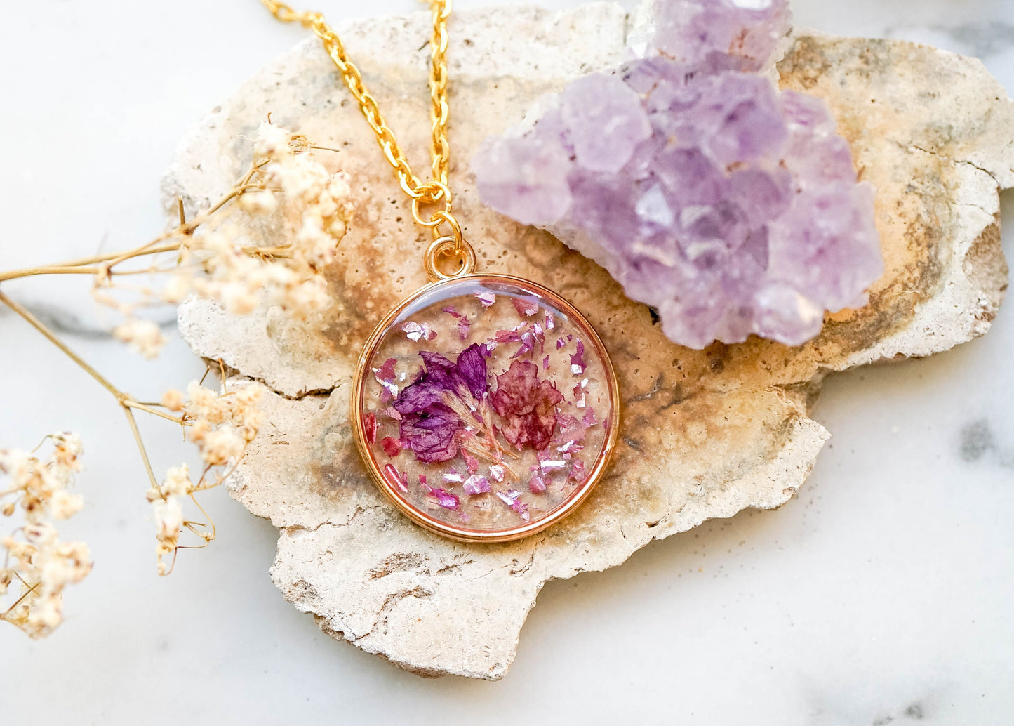 Real Pressed Flowers in Resin, Gold Necklace in with Purple Flowers and Glass Glitter