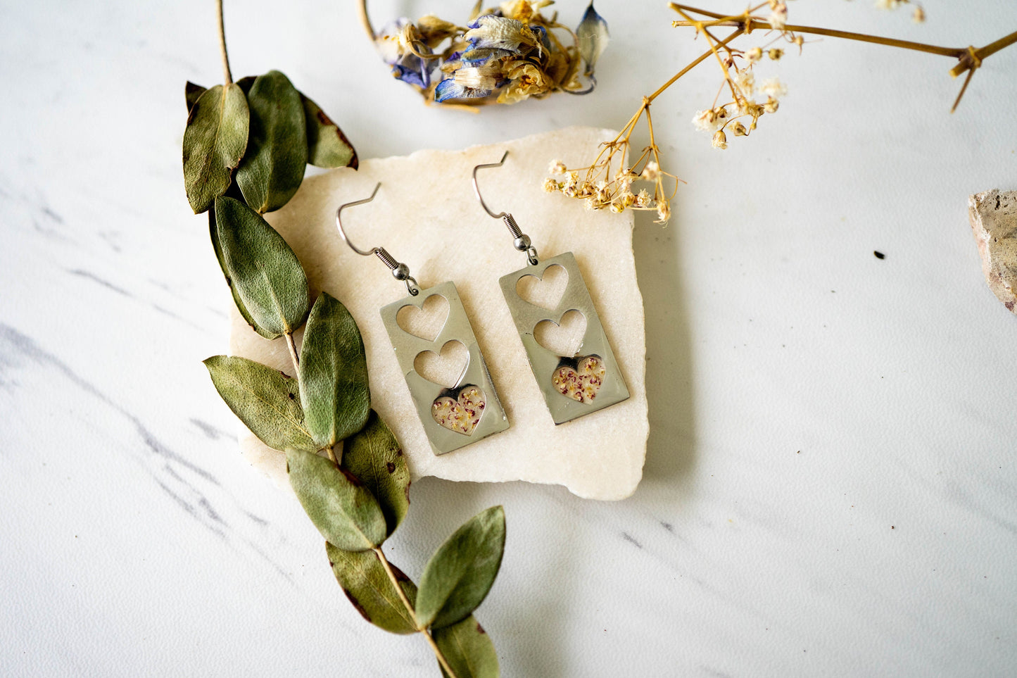 Real Pressed Flowers Earrings, Silver Hearts Drop Earrings