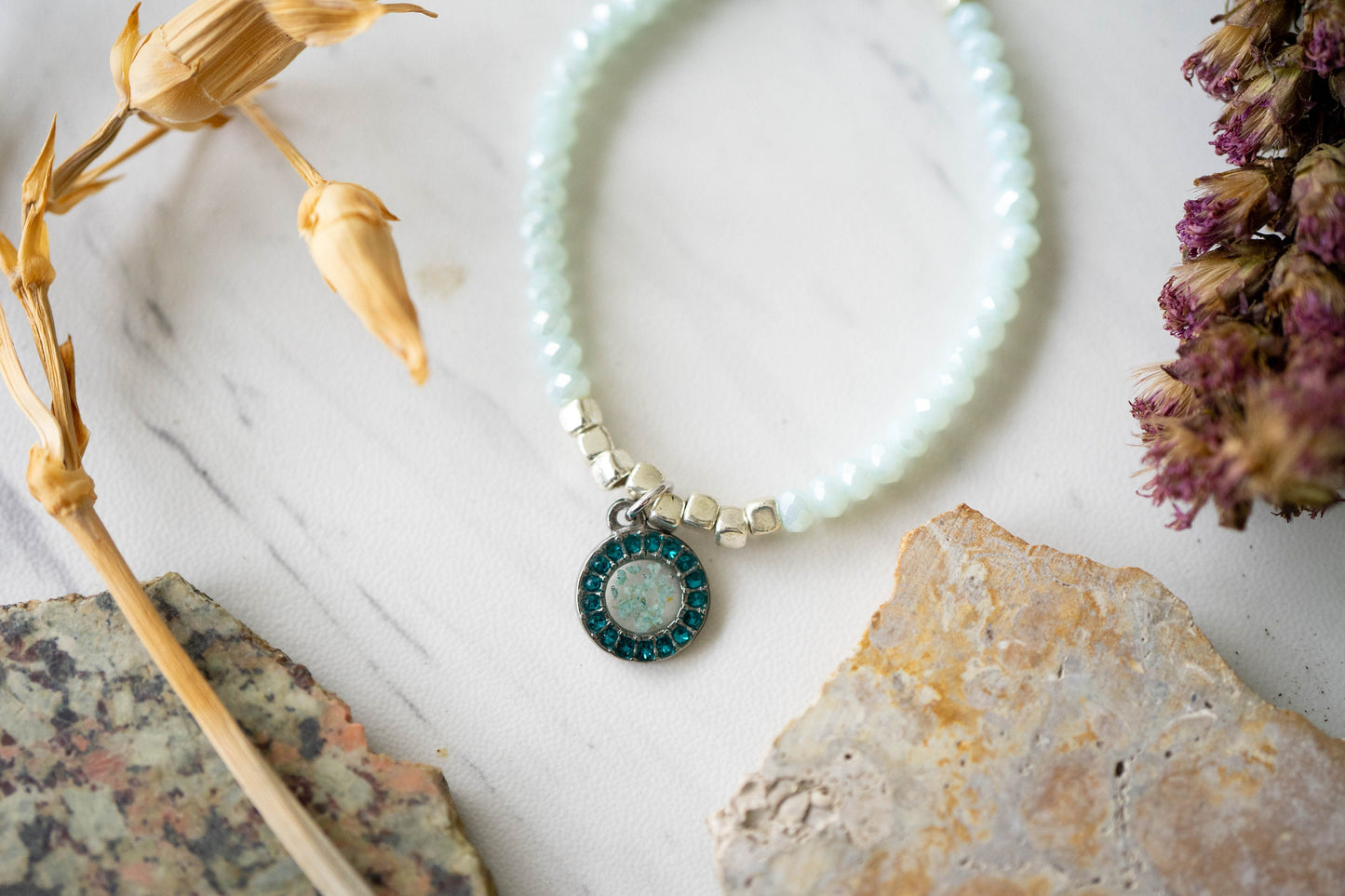 Real Pressed Flowers and Resin Beaded Bracelet, Silver and Mint with Teal Flowers