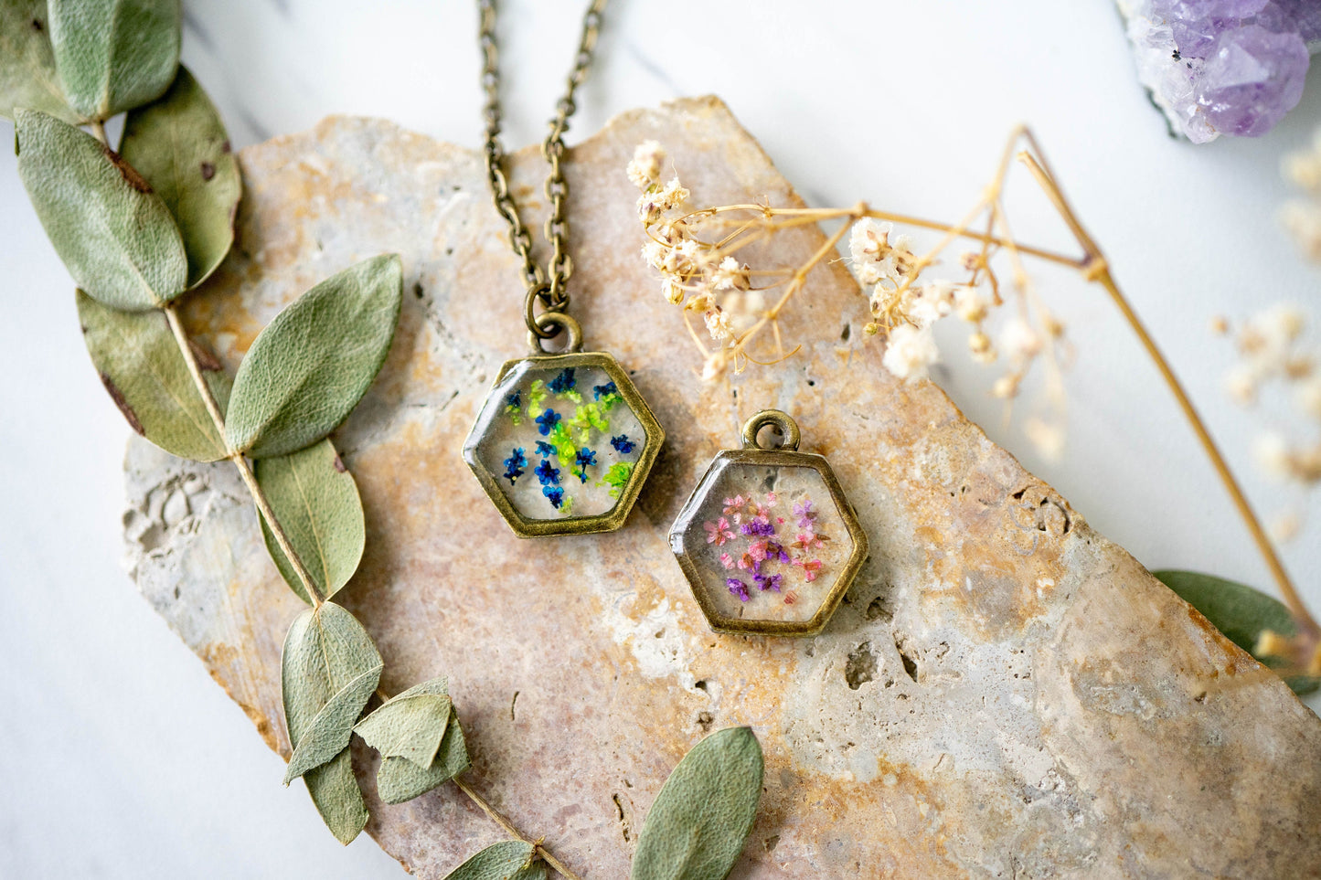 Real Pressed Flowers in Resin Necklace, Bronze Hexagon in Pink and Purple