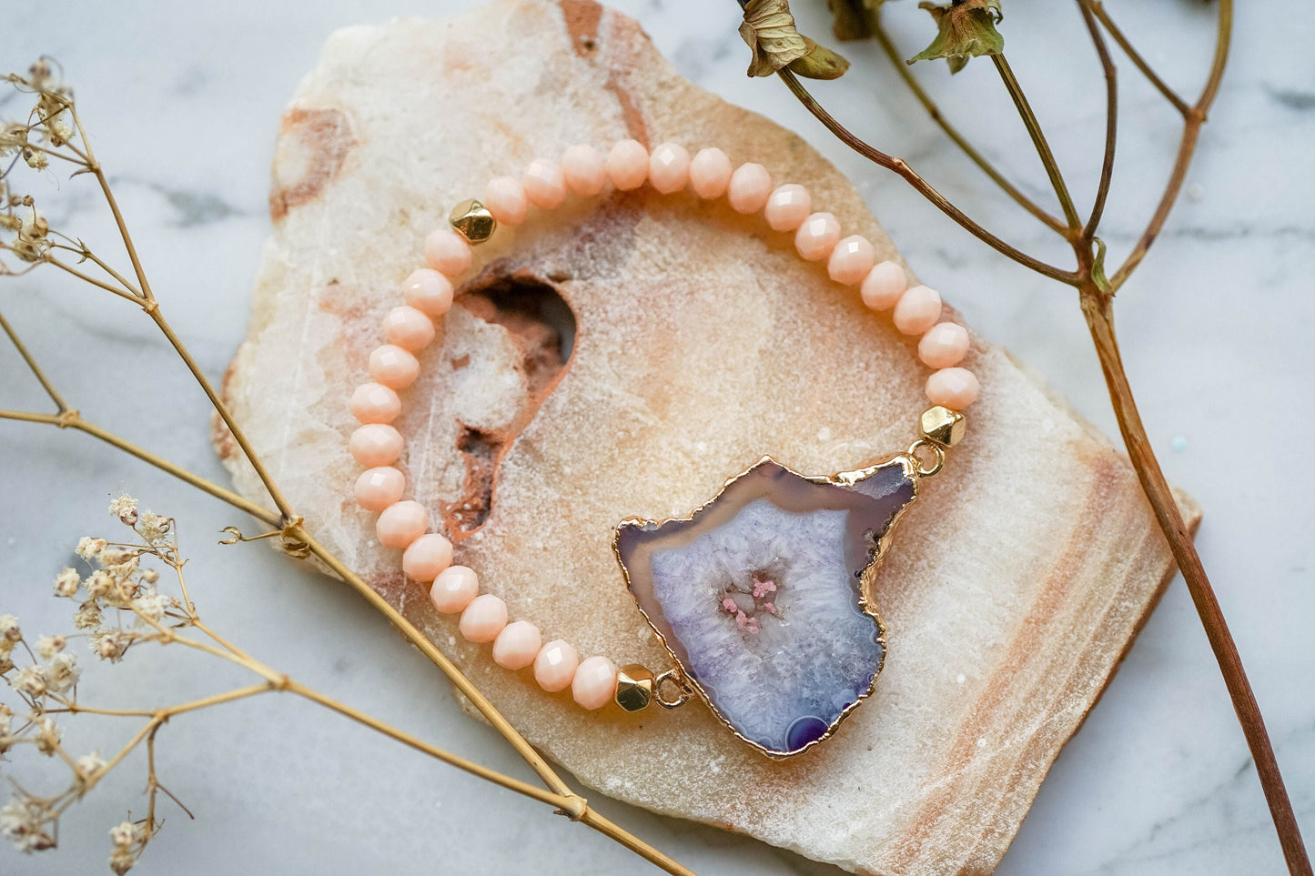 Real Pressed Flowers and Resin Beaded Bracelet, Pink Druzy Geode in Brown and Mint