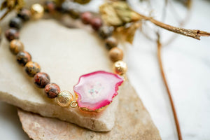 Real Pressed Flowers and Resin Beaded Bracelet, Pink Druzy Geode in Brown and Mint