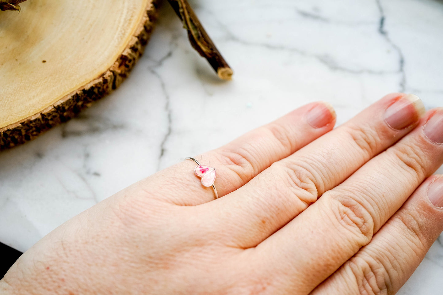 Real Pressed Flower and Resin Ring, White and Mint Heart Ring