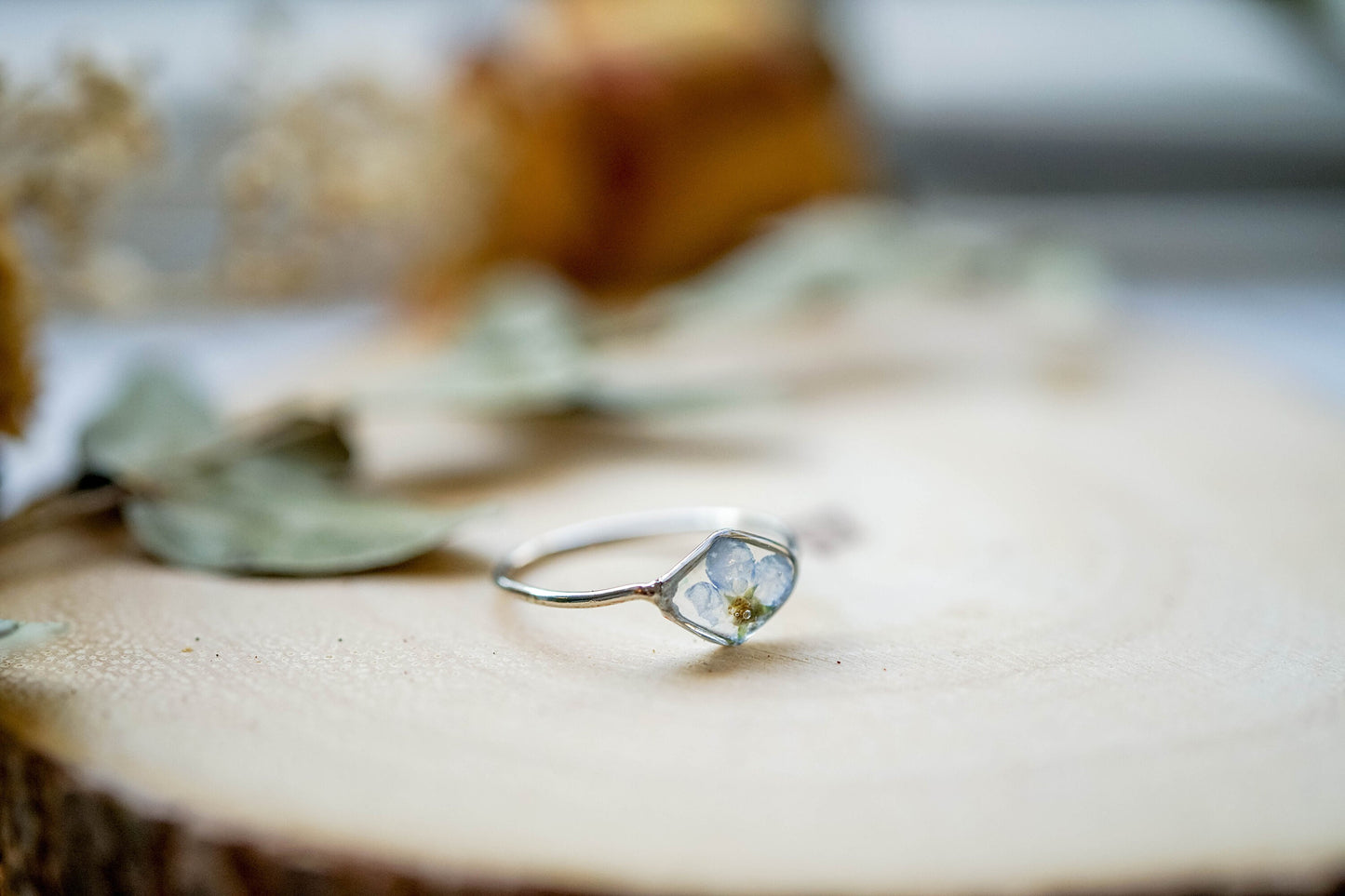 Real Pressed Flower and Resin Ring, Diamond Silver Band with Forget Me Not