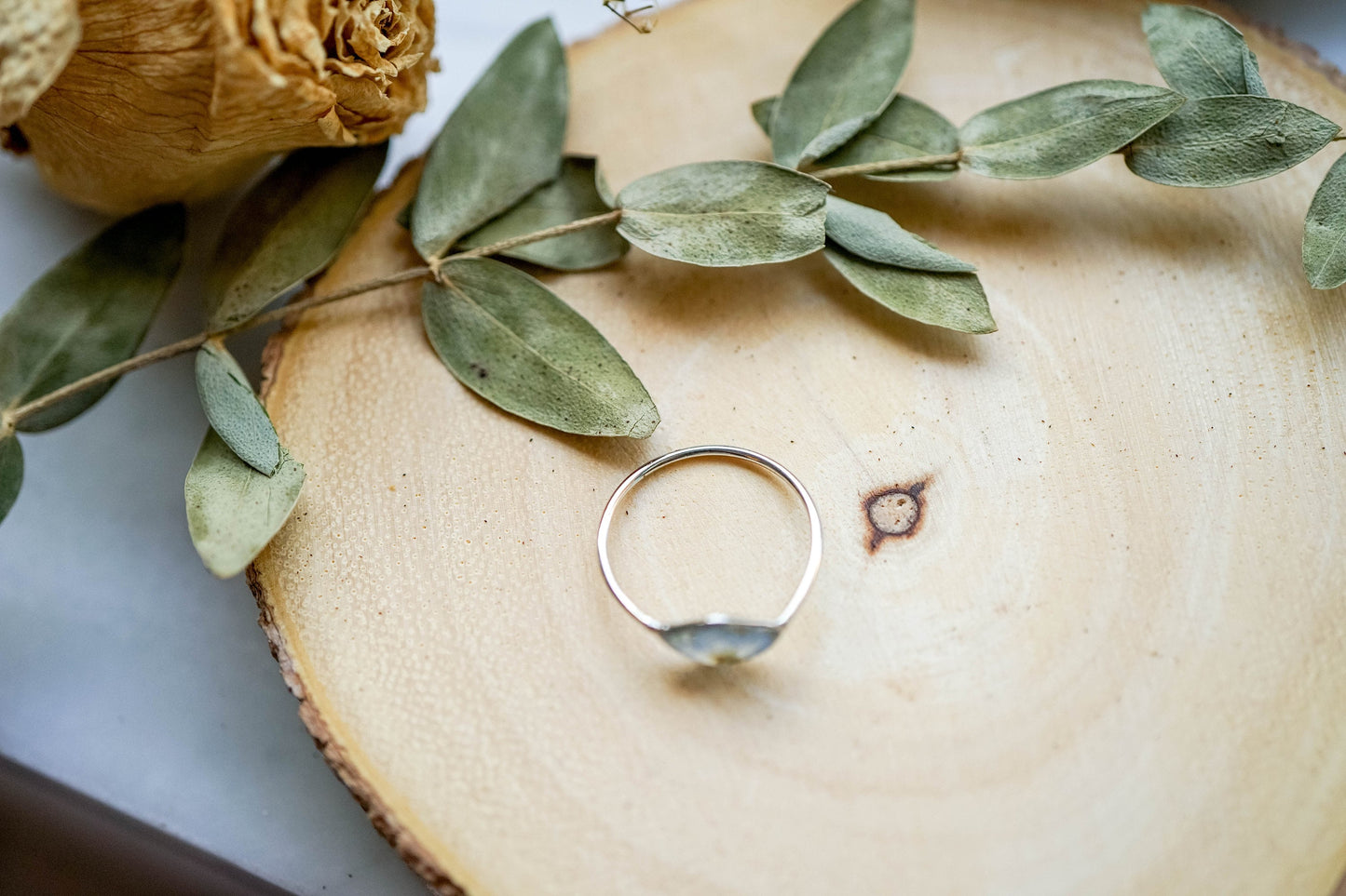 Real Pressed Flower and Resin Ring, Diamond Silver Band with Forget Me Not