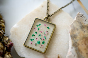 Real Pressed Flowers in Resin Necklace, Bronze Rectangle in Green and Pink