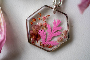 Real Pressed Flowers in Resin Necklace, Silver Hexagon with Flower and Fern Mix