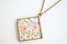 Real Pressed Flower and Resin Necklace in Magenta, Pastel Pinks, Yellows, and Blues Mix, With Real Gold Foil Flakes.