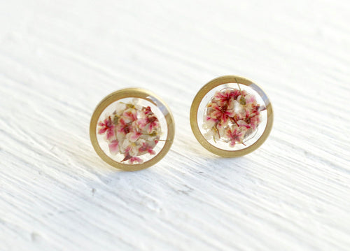Real Pressed Flower and Resin Stud Earrings in Pinks and White Mix