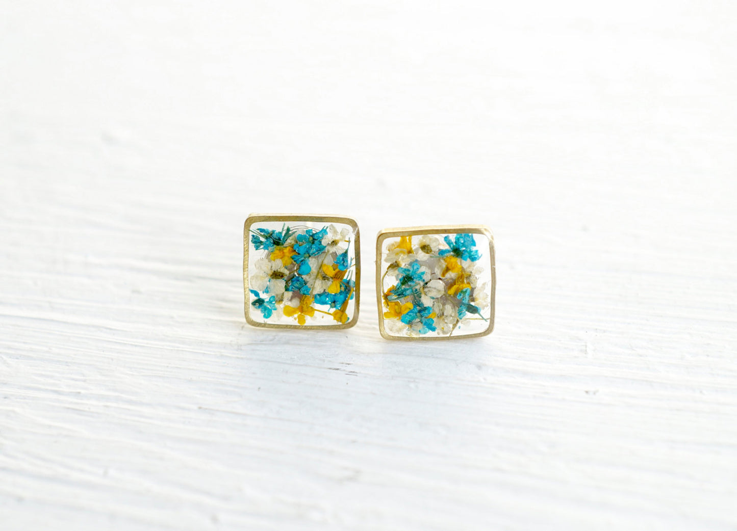 Real Pressed Flower and Resin Stud Earrings in Blues, Yellows, and White mix