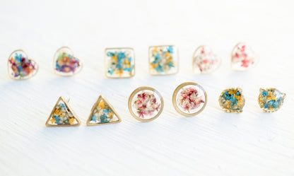 Real Pressed Flower and Resin Stud Earrings in Blues, Yellows, and White mix