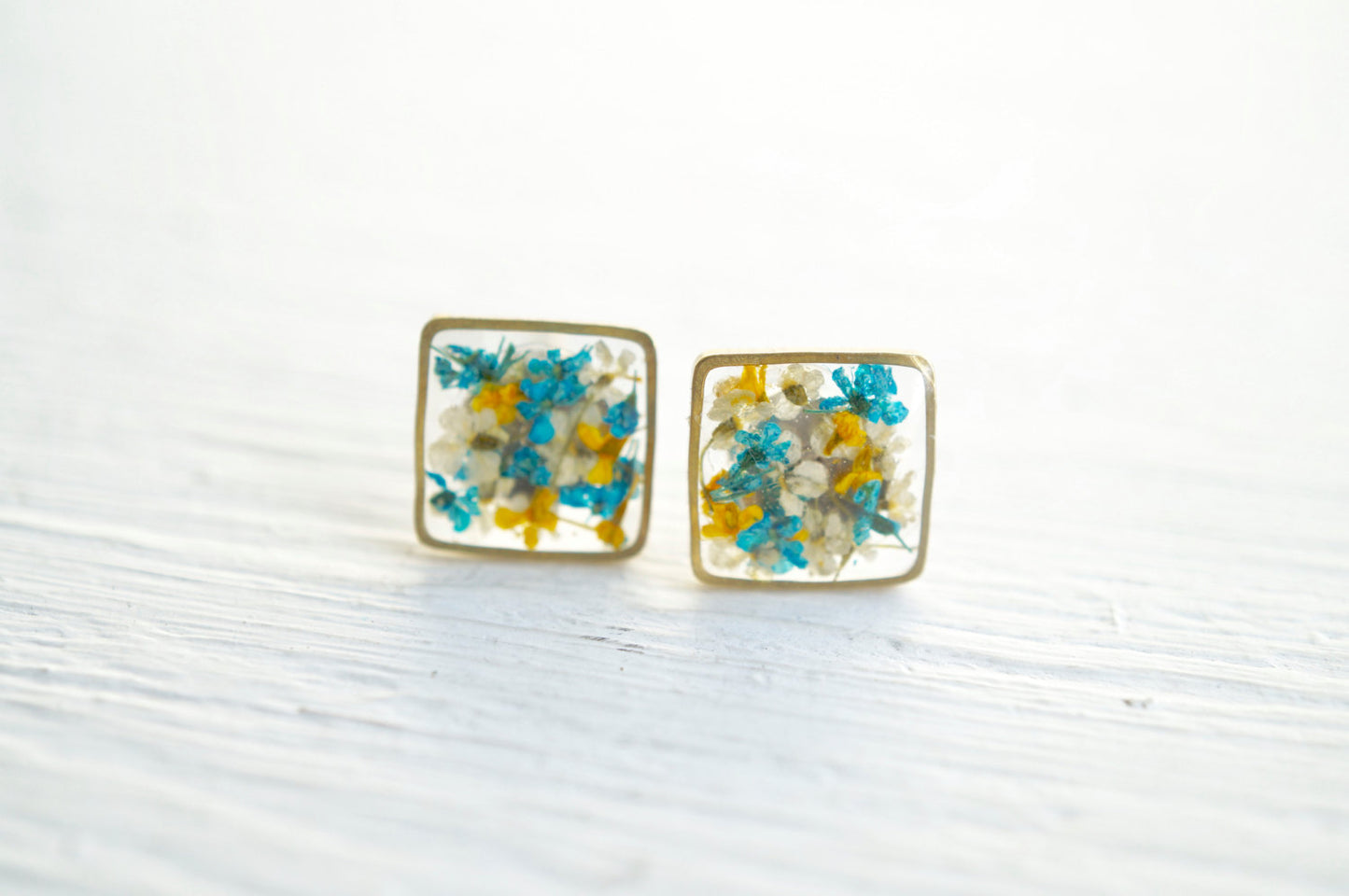 Real Pressed Flower and Resin Stud Earrings in Blues, Yellows, and White mix