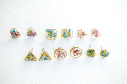 Real Pressed Flower and Resin Stud Earrings in Reds, Oranges, Blues, Purples, and Pinks Mix