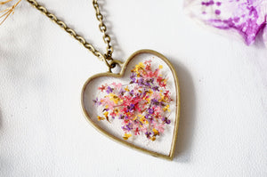 Real Pressed Flower and Resin Heart Necklace in Red, Pink, Yellow, and Purple Mix