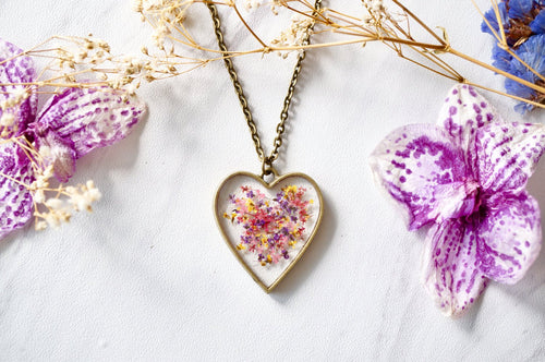 Real Pressed Flower and Resin Heart Necklace in Red, Pink, Yellow, and Purple Mix