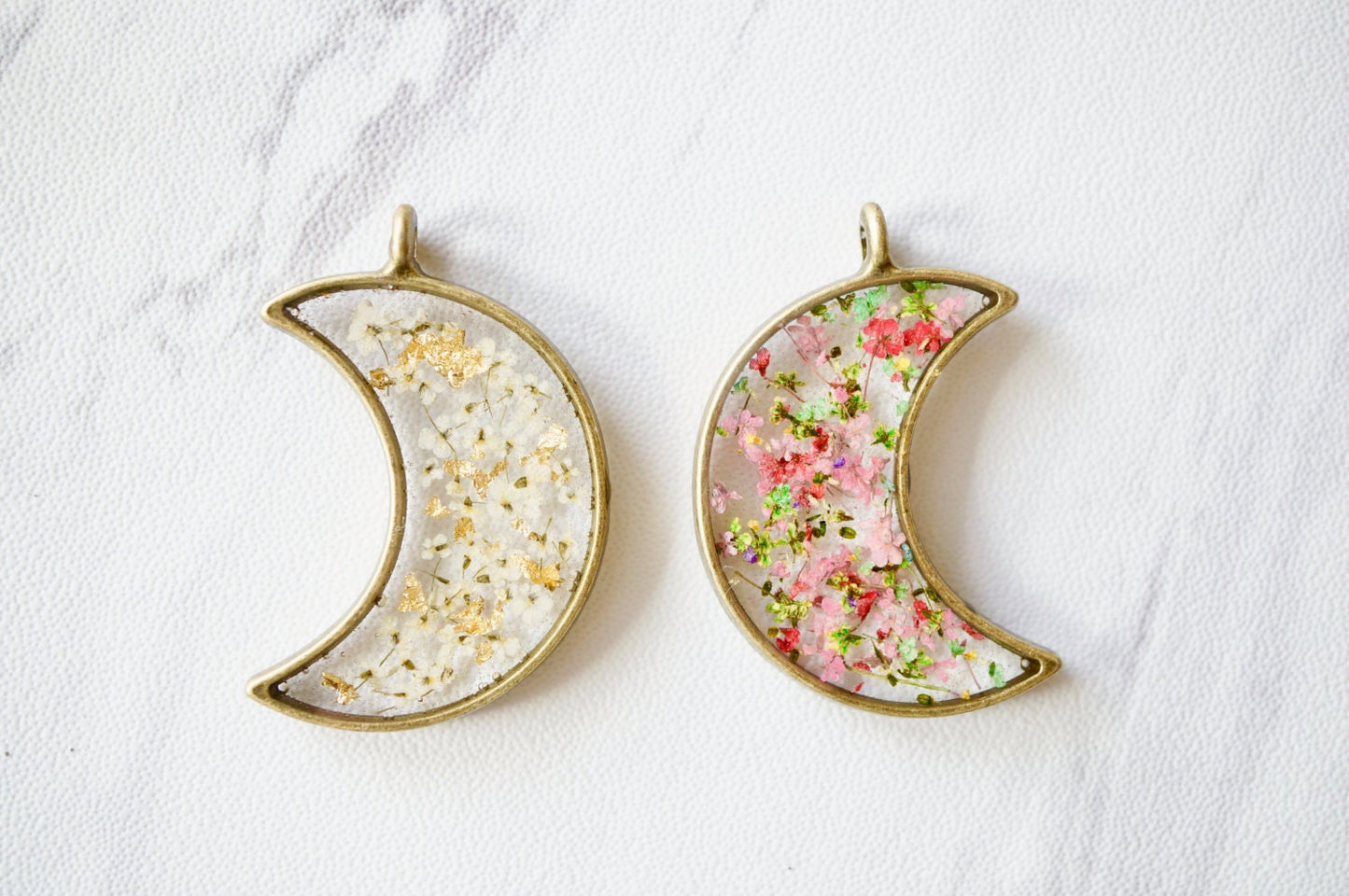 Real Pressed Flower and Resin Celestial Moon Necklace, Bronze with Heather Flowers