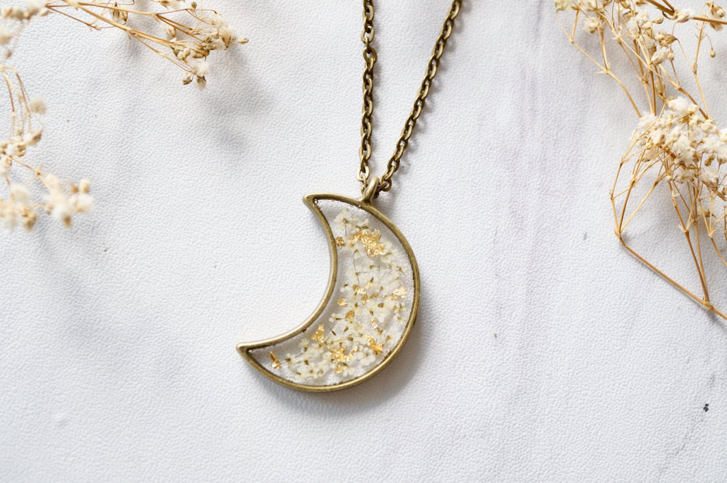 Real Pressed Flower and Resin Moon Necklace in White and Gold Foil Mix