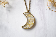 Real Pressed Flower and Resin Moon Necklace in White and Gold Foil Mix