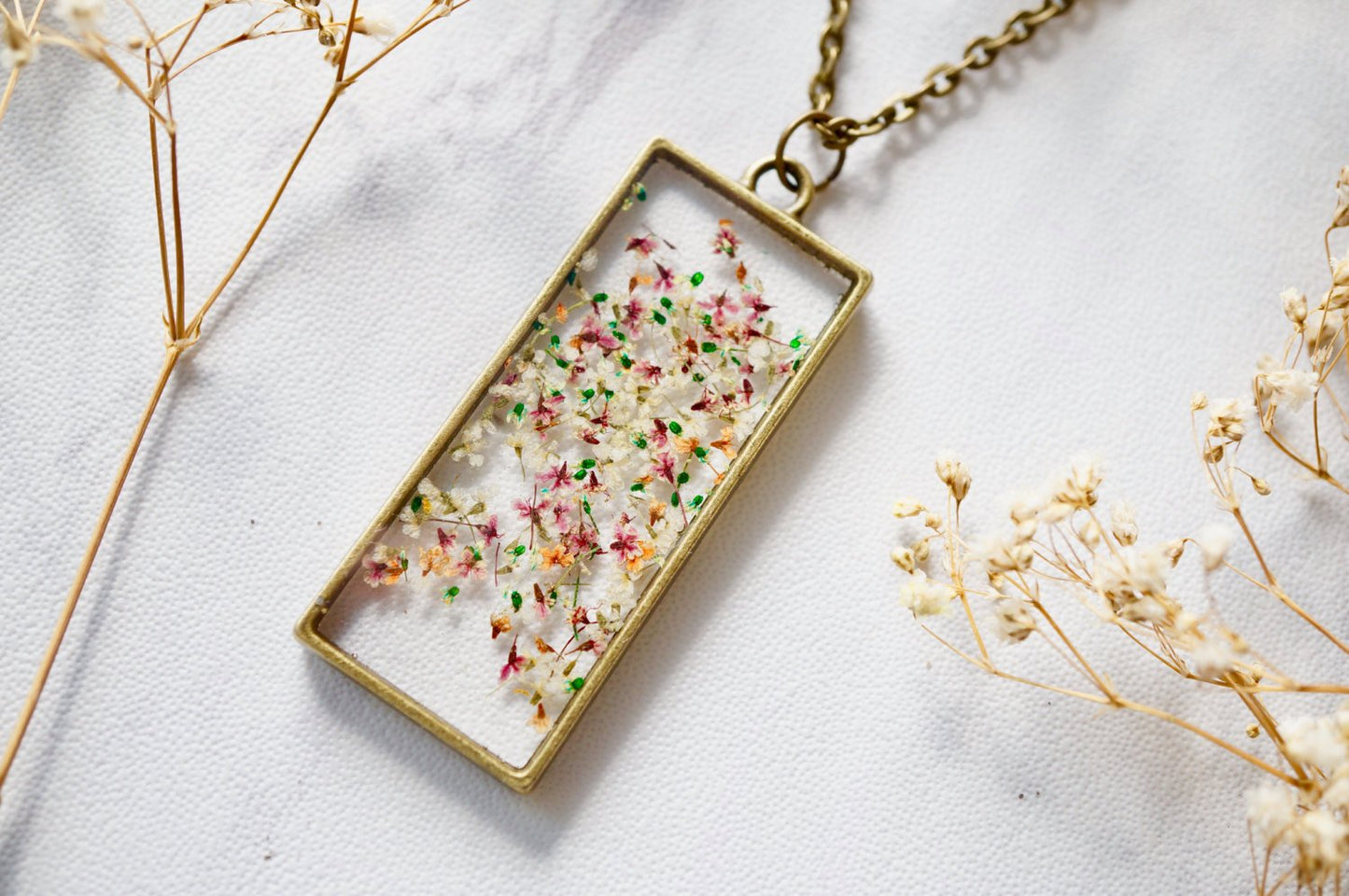 Real Pressed Flower and Resin Necklace in White Pink Orange Green Mix