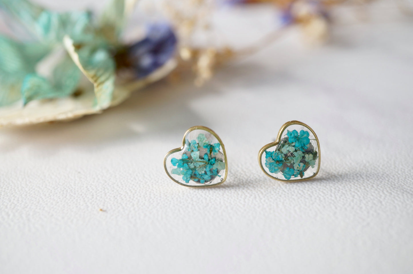 Real Dried Flowers and Resin Heart Stud Earrings in Mint and Teal Green Mix