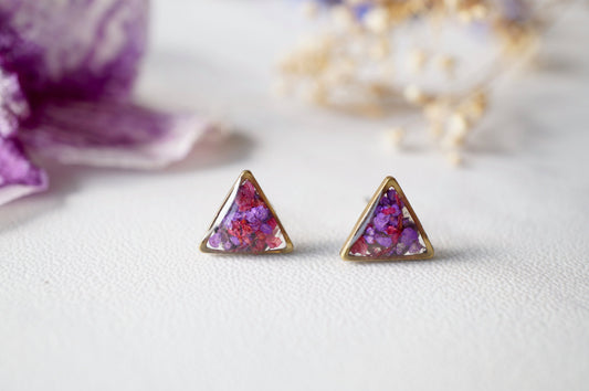 Real Dried Flowers and Resin Stud Earrings in Purple and Magenta Mix