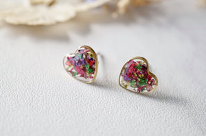 Real Dried Flowers and Resin Heart Stud Earrings in Purple Pink Green Mix