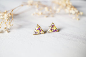 Real Dried Flowers and Resin Stud Earrings in Purple and Yellow Mix