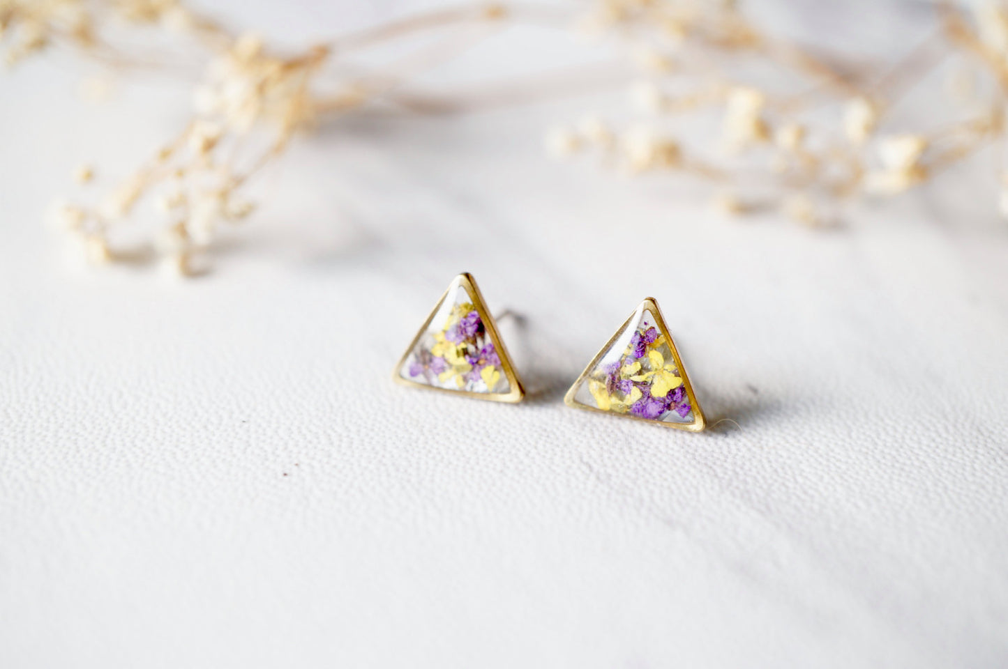 Real Dried Flowers and Resin Stud Earrings in Purple and Yellow Mix