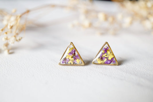 Real Dried Flowers and Resin Stud Earrings in Purple and Yellow Mix