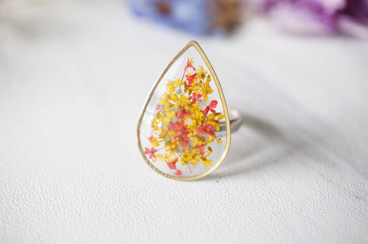 Real Pressed Flower and Resin Ring in Reds and Yellows Mix