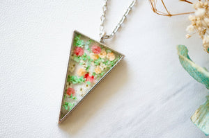 Real Pressed Flower and Resin Necklace Silver Triangle in Green Pink and Orange