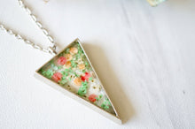 Real Pressed Flower and Resin Necklace Silver Triangle in Green Pink and Orange