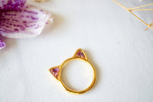 Real Pressed Flower and Resin Gold Cat Ring in Purples