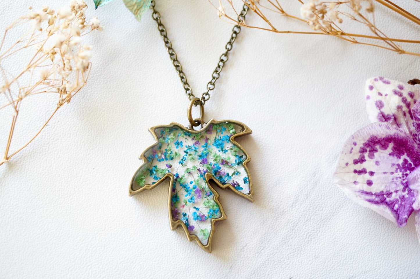 Real Pressed Flower and Resin Necklace Maple Leaf in Blue Purple Green