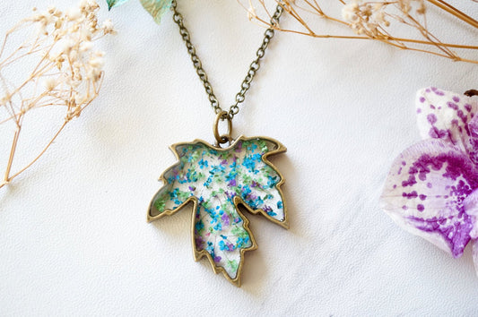 Real Pressed Flower and Resin Necklace Maple Leaf in Blue Purple Green