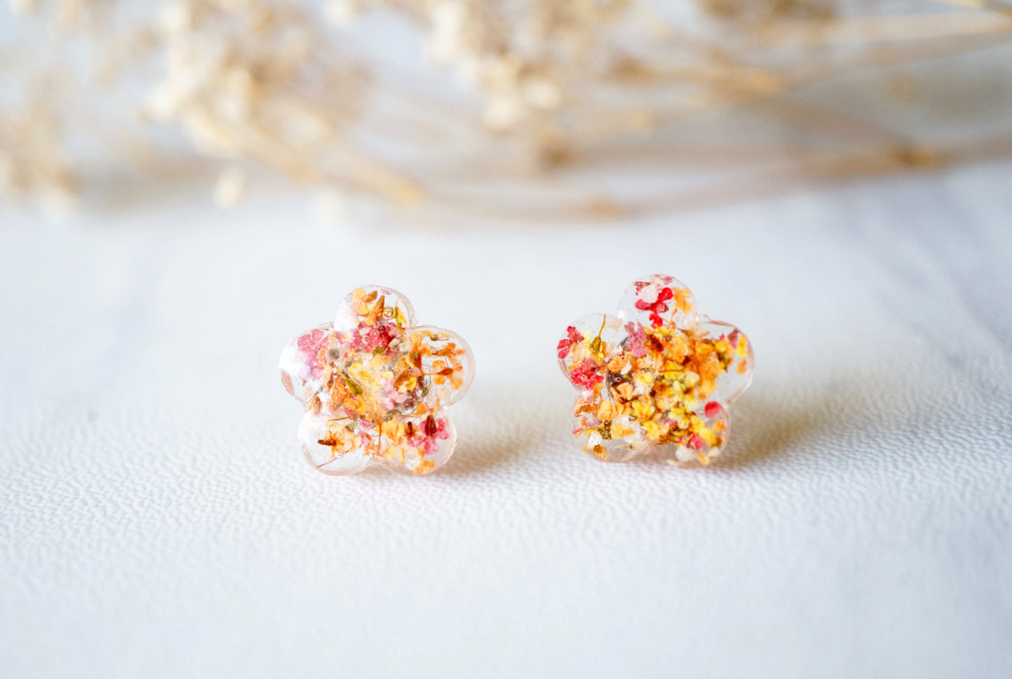 Real Dried Flowers and Resin Stud Earrings in Pink Orange Yellow