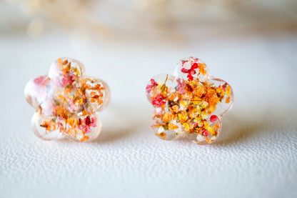 Real Dried Flowers and Resin Stud Earrings in Pink Orange Yellow