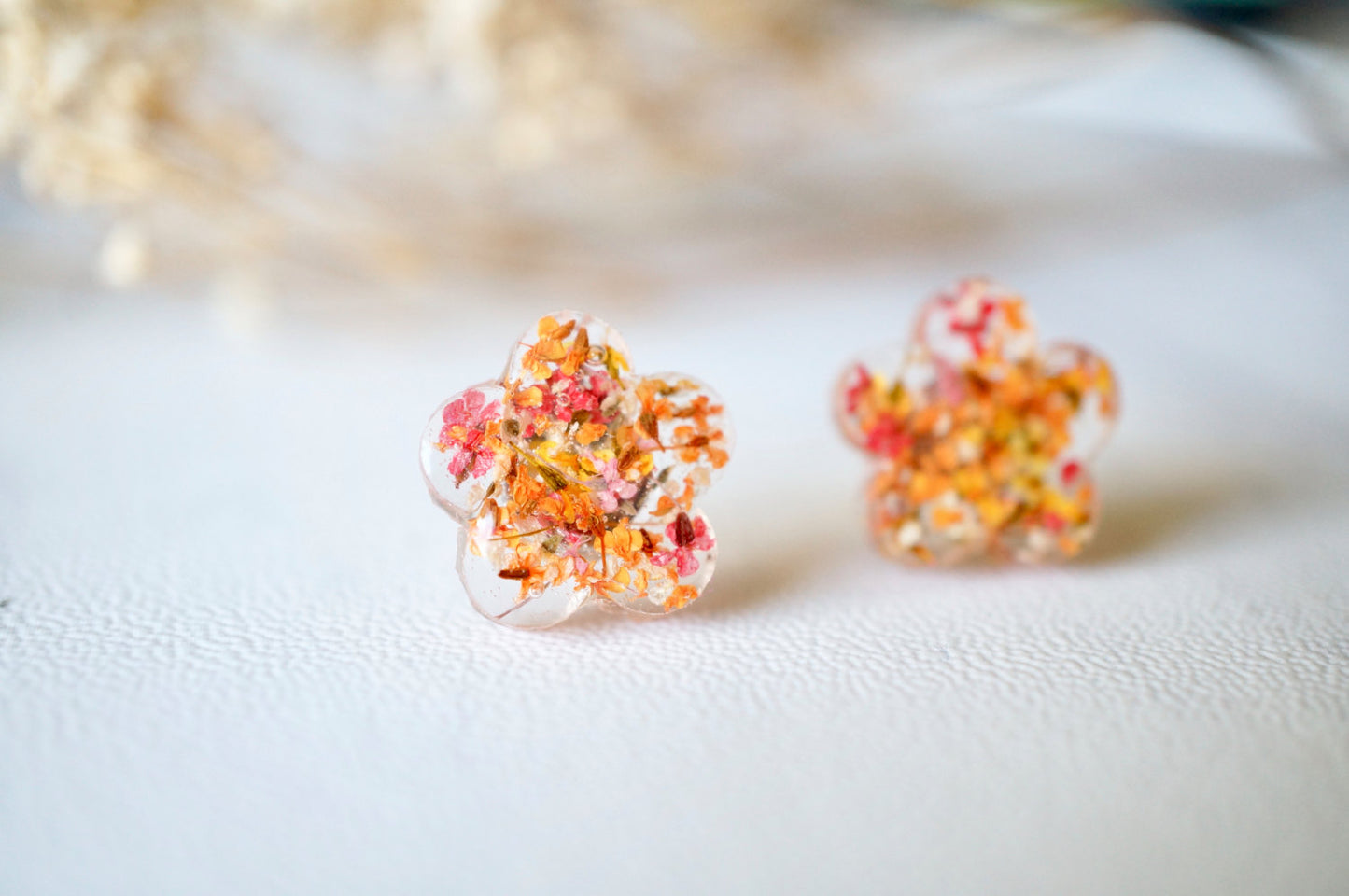 Real Dried Flowers and Resin Stud Earrings in Pink Orange Yellow