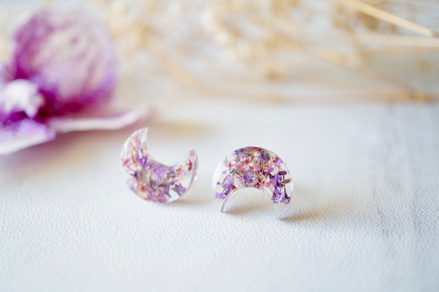 Real Pressed Flowers and Resin Moon Stud Earrings in Purple and Burgundy