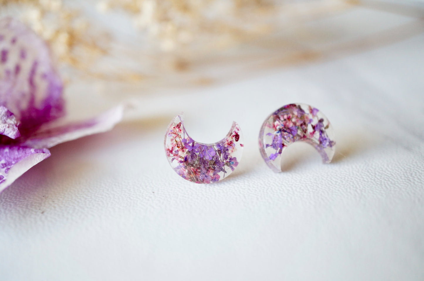 Real Dried Flowers and Resin Moon Stud Earrings in Purples