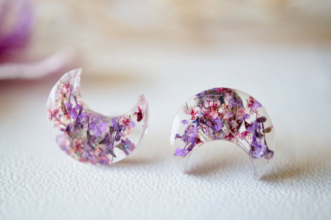 Real Pressed Flowers and Resin Moon Stud Earrings in Purple and Burgundy