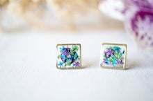 Real Dried Flowers and Resin Square Stud Earrings in Purple Blue Green