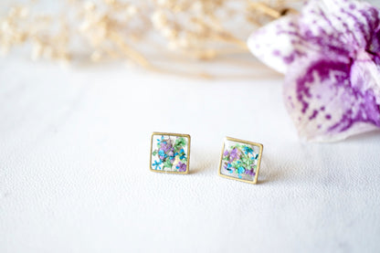 Real Dried Flowers and Resin Square Stud Earrings in Purple Blue Green