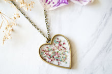 Real Dried Flowers in Resin Heart Necklace in Mint Pink White