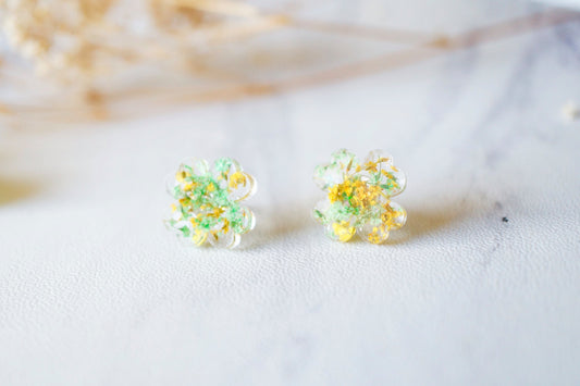 Real Dried Flowers and Resin Clover Stud Earrings in Yellow and Green